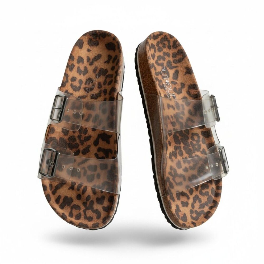 BOUTIQUE by Corkys Leopard Platform Sandals Clear Double Buckle Cork Slides